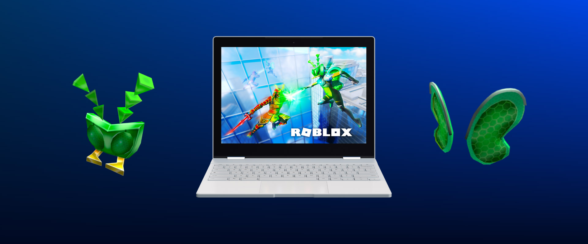 Get the exclusive Cicada Mask + Wings set for free and unlock the ability to fly in Heroes of Robloxia! Offer valid for all Chromebook users. 