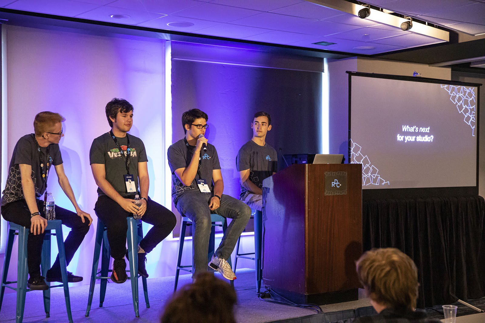 From left to right: Alex Hicks, RedManta LLC; Andrew Bereza, Vesteria Inc.; Chris McDonald, ROLVe LLC; Christian Hunter, Top Developer Program Manager, Roblox (Photo Credit: Roblox)